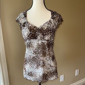 George Blouse Fitted Cap Sleeve Brown White Leopard Animal Print Tie Back Women